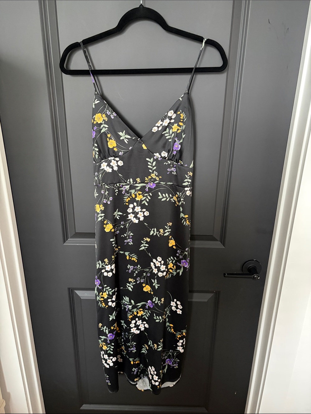Black Floral Midi Slip Dress with Spaghetti Straps